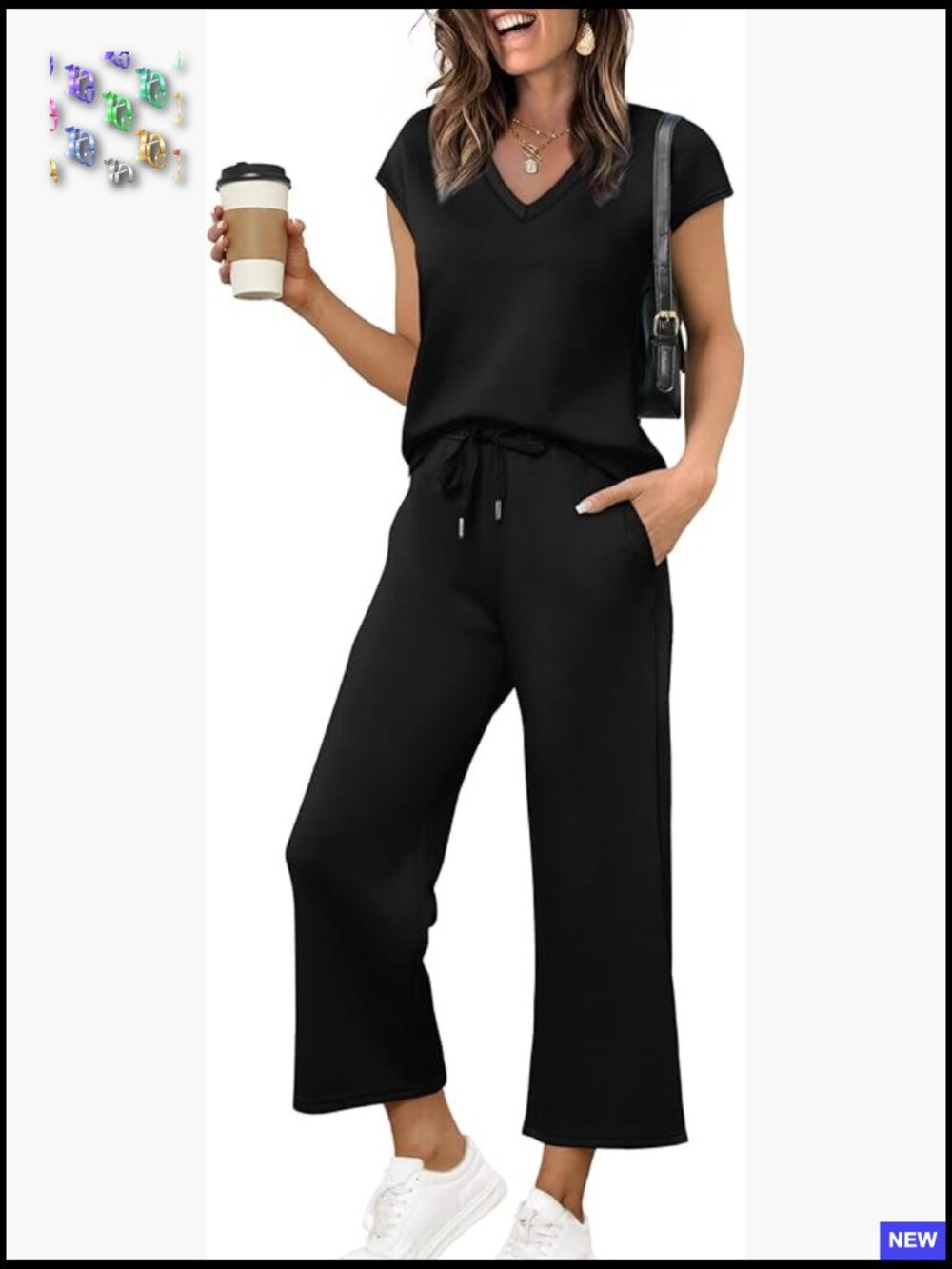 V-Neck Two Piece Set Wide Leg Pants Lounge Wear Soft Stretch Fabric